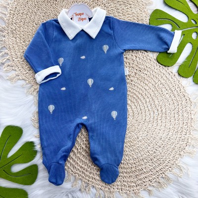  Macacão Tricotil (Tricot 100% Algodão) com Gola e Bordado - Balões - Azul Jeans 